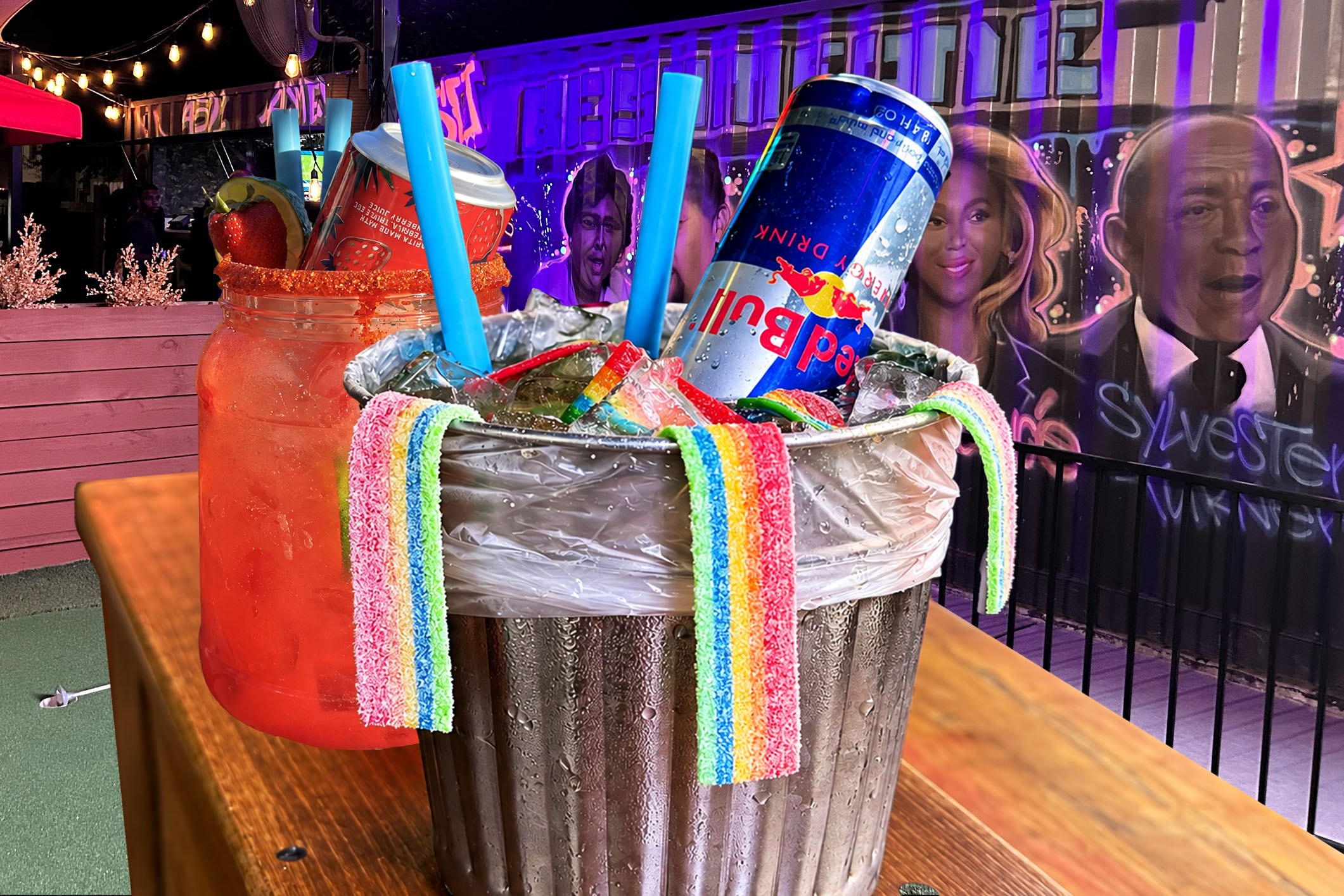 Frozen margarita cocktails on a bar counter