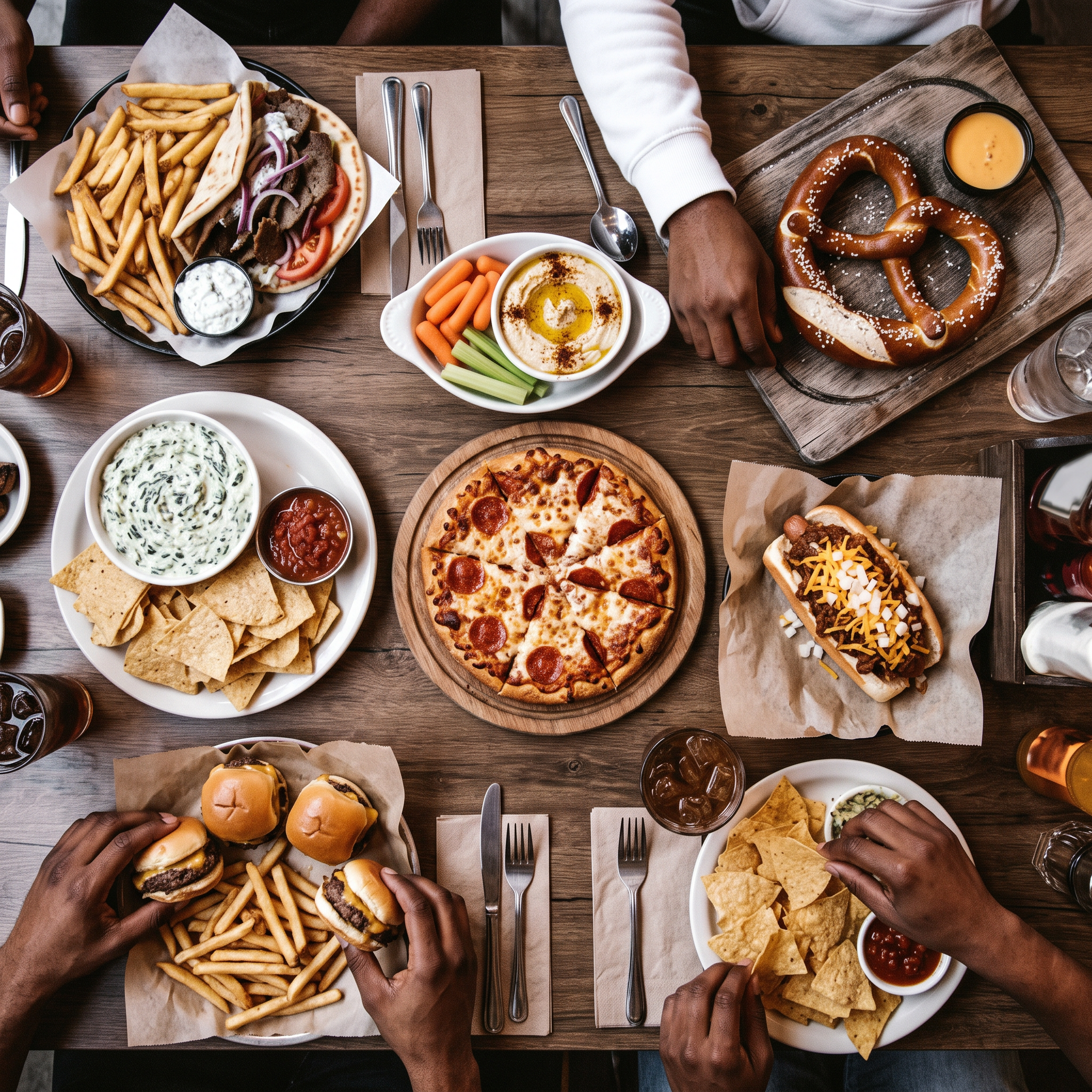 Burgers and bar food spread on a table